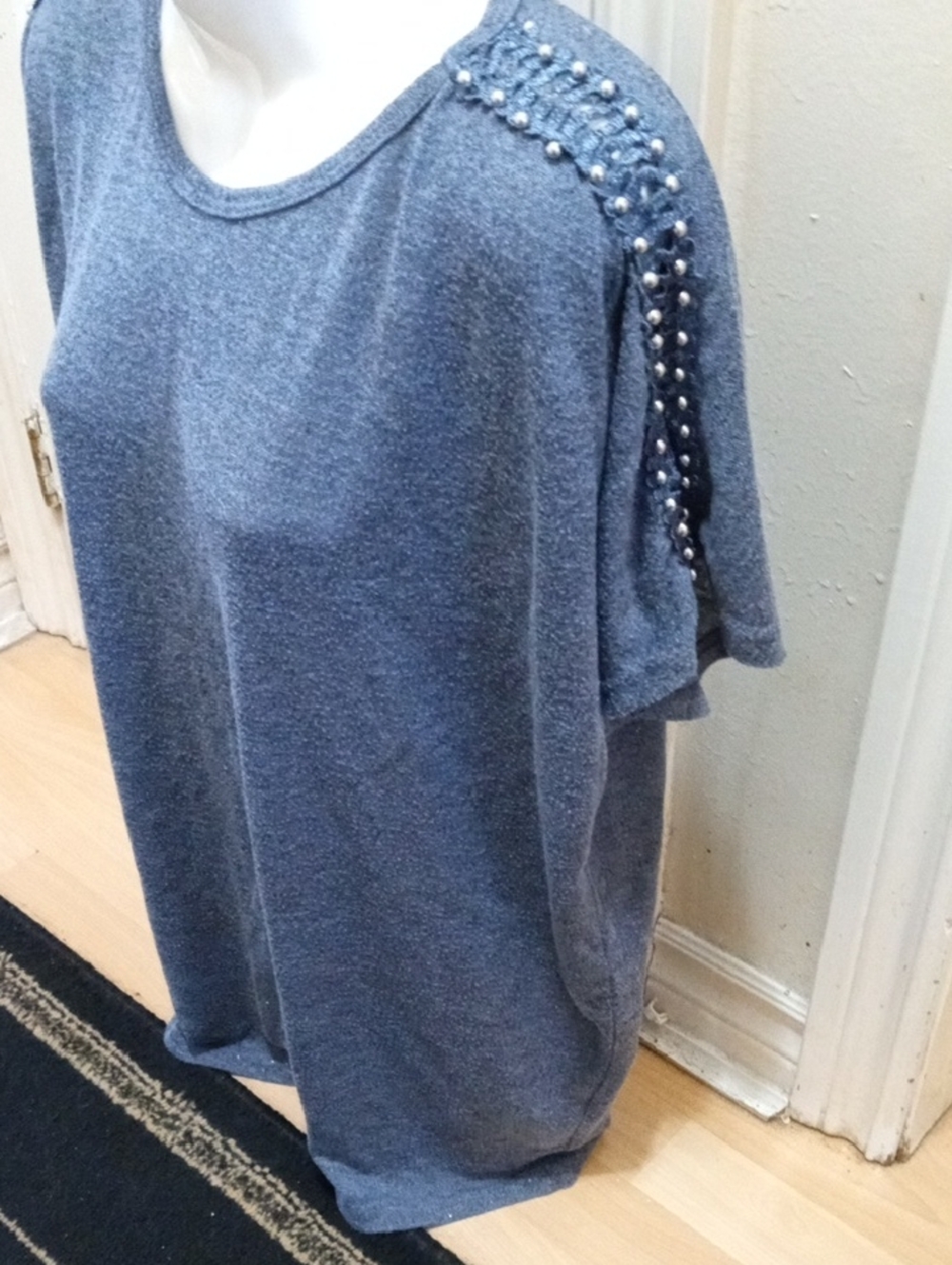$5>>>Stud-Trim Blue Women's Short-Sleeve Sweatshirt